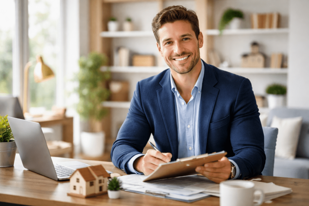 warm approachable make real estate professional in business casual attire